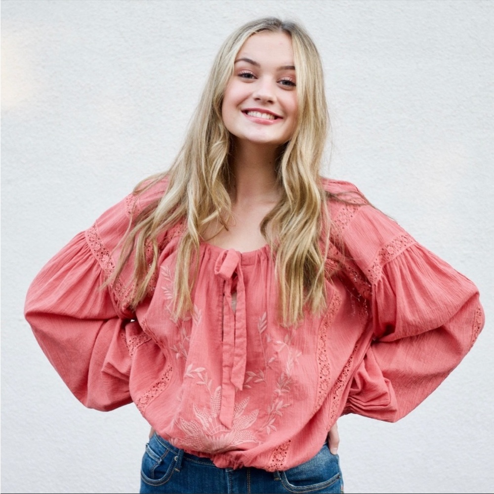 Free people Athena coral embroidered tie up blouse
